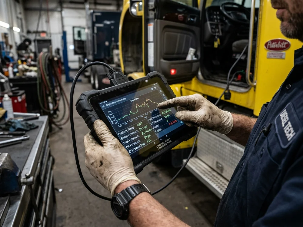 Técnico utilizando escáner electrónico y tablet de diagnóstico en unidad pesada y vehículos — MSC